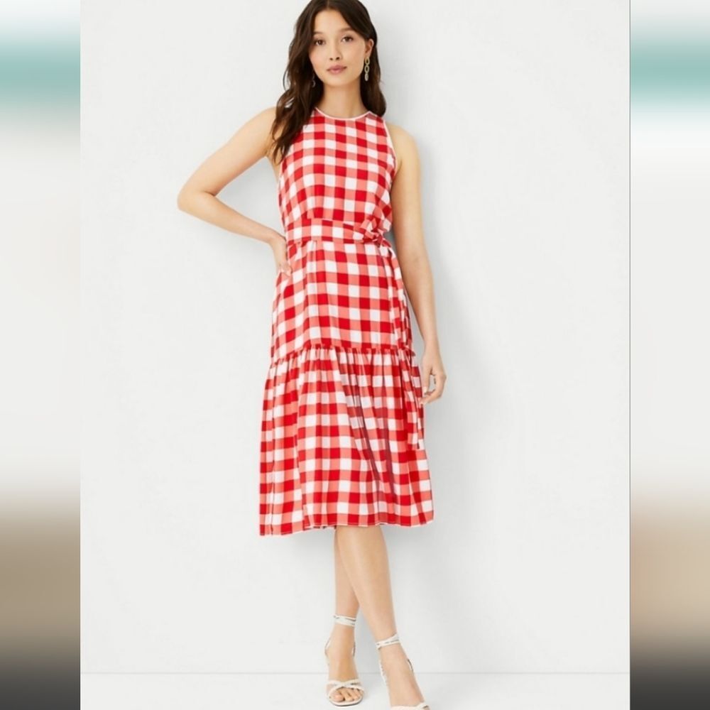 NWT Ann Taylor Red/White Gingham Midi Dress Belt Small
